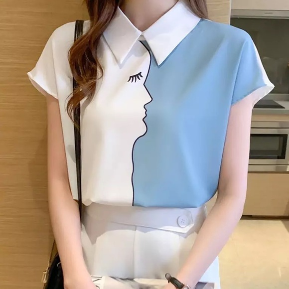 Women’s Elegant Casual Printed Top | Blouse with Stand Collar and Short Sleeve - Picture 4 of 8